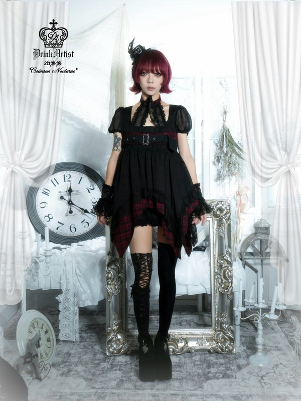 Black&Red Plaid Irregular Halter-Neck Mesh Puff Sleeve Doll Dress【s0000018029】