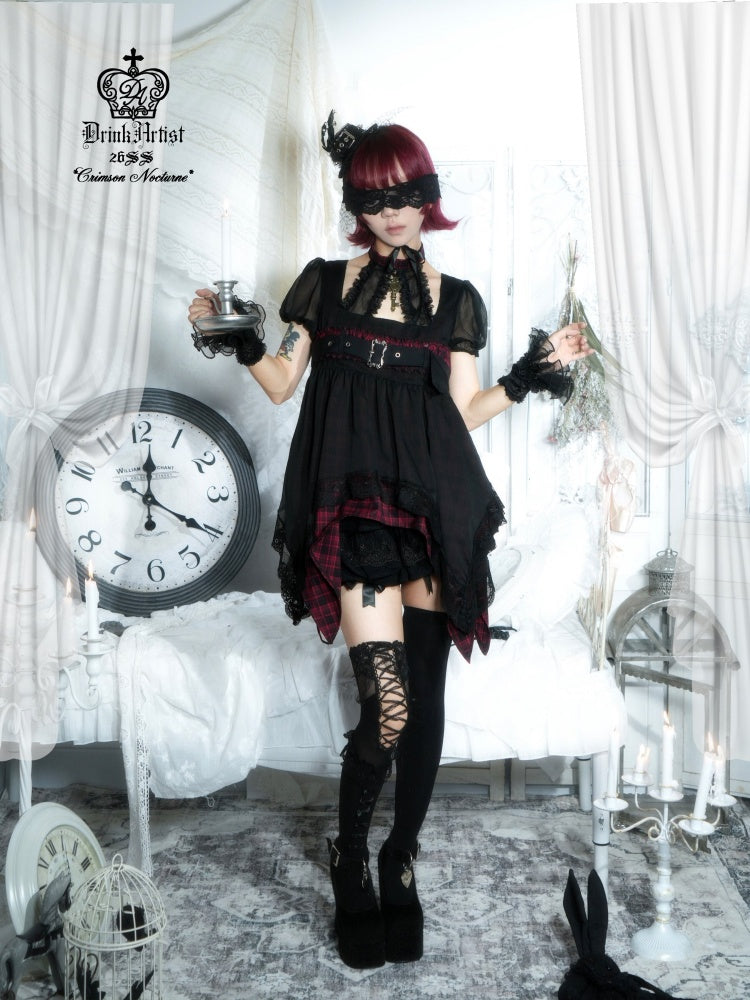 Black&Red Plaid Irregular Halter-Neck Mesh Puff Sleeve Doll Dress【s0000018029】
