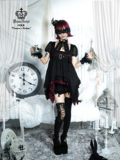 Black&Red Plaid Irregular Halter-Neck Mesh Puff Sleeve Doll Dress【s0000018029】