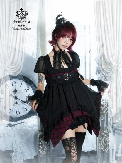 Black&Red Plaid Irregular Halter-Neck Mesh Puff Sleeve Doll Dress【s0000018029】