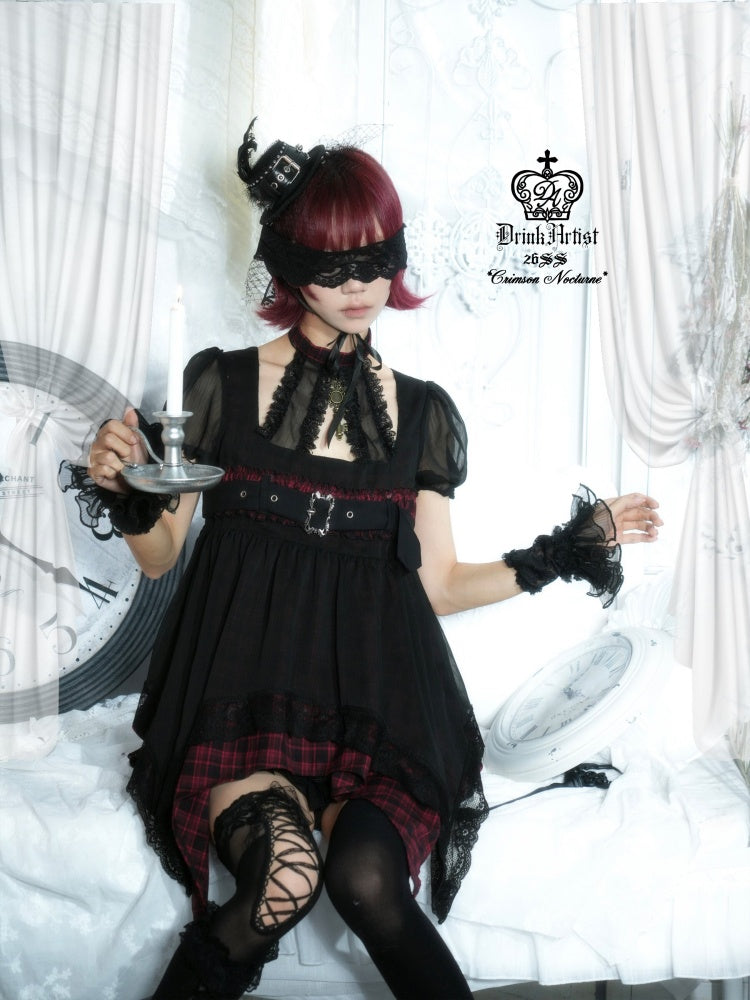 Black&Red Plaid Irregular Halter-Neck Mesh Puff Sleeve Doll Dress【s0000018029】