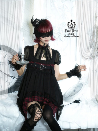 Black&Red Plaid Irregular Halter-Neck Mesh Puff Sleeve Doll Dress【s0000018029】