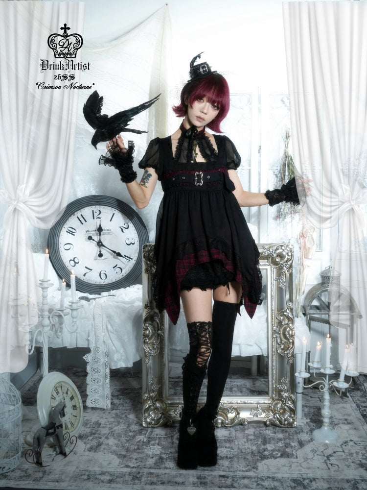 Black&Red Plaid Irregular Halter-Neck Mesh Puff Sleeve Doll Dress【s0000018029】