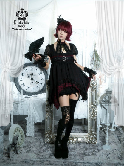 Black&Red Plaid Irregular Halter-Neck Mesh Puff Sleeve Doll Dress【s0000018029】