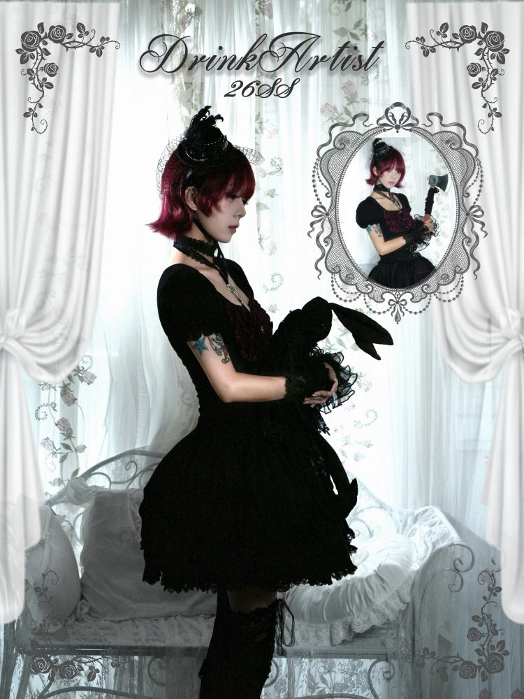Black&Red Plaid Puff Sleeve Knit Top Military Style Mesh Cake Skirt Set【s0000018031】