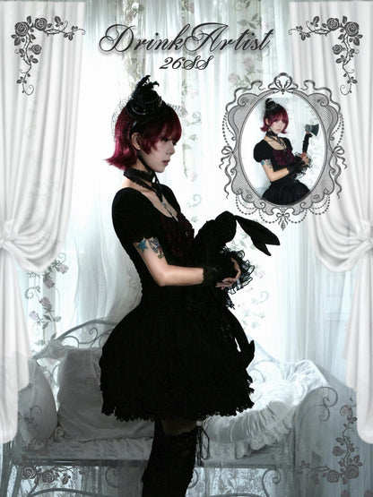 Black&Red Plaid Puff Sleeve Knit Top Military Style Mesh Cake Skirt Set【s0000018031】