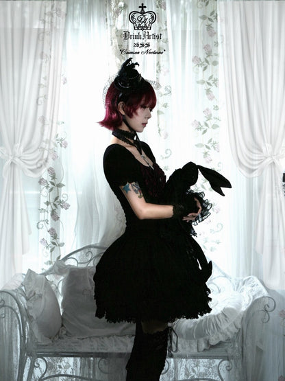 Black&Red Plaid Puff Sleeve Knit Top Military Style Mesh Cake Skirt Set【s0000018031】