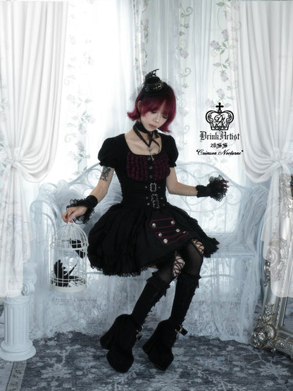 Black&Red Plaid Puff Sleeve Knit Top Military Style Mesh Cake Skirt Set【s0000018031】