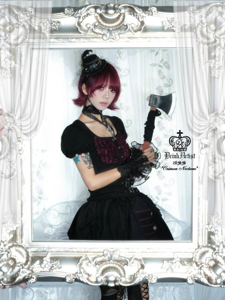 Black&Red Plaid Puff Sleeve Knit Top Military Style Mesh Cake Skirt Set【s0000018031】