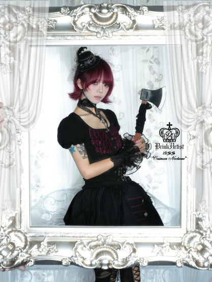 Black&Red Plaid Puff Sleeve Knit Top Military Style Mesh Cake Skirt Set【s0000018031】