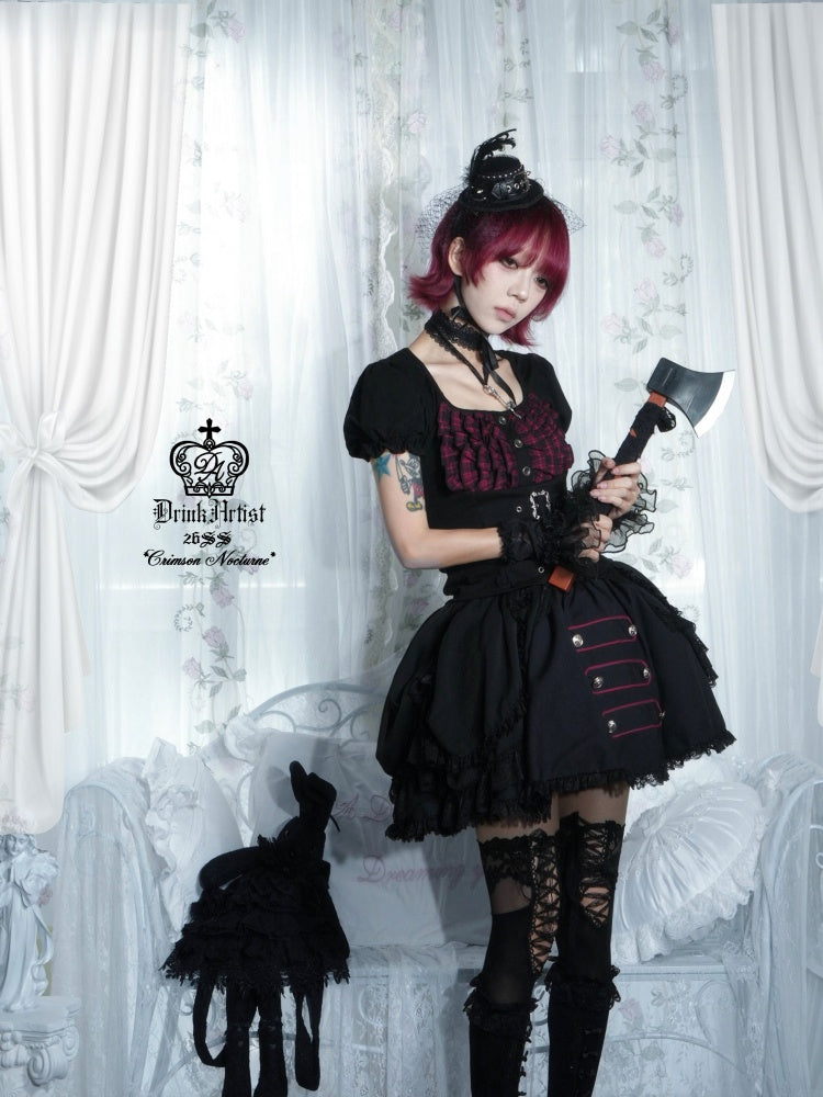 Black&Red Plaid Puff Sleeve Knit Top Military Style Mesh Cake Skirt Set【s0000018031】