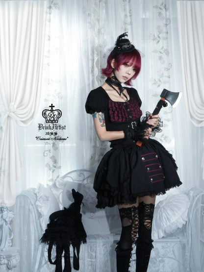 Black&Red Plaid Puff Sleeve Knit Top Military Style Mesh Cake Skirt Set【s0000018031】