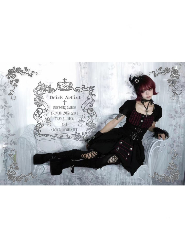 Black&Red Plaid Puff Sleeve Knit Top Military Style Mesh Cake Skirt Set【s0000018031】