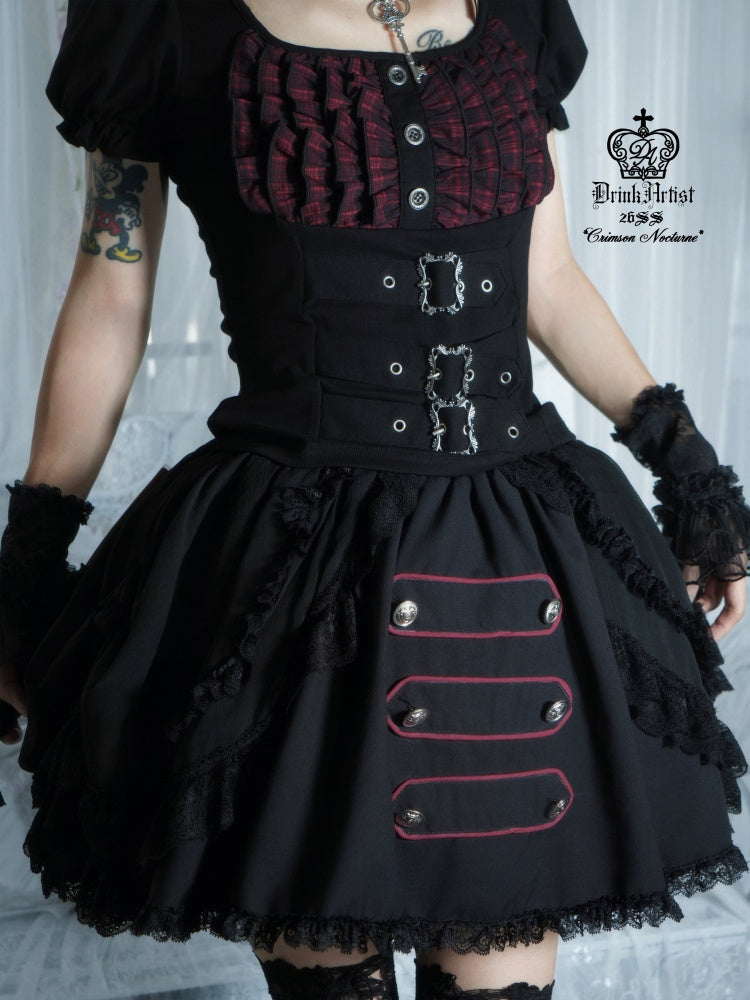 Black&Red Plaid Puff Sleeve Knit Top Military Style Mesh Cake Skirt Set【s0000018031】