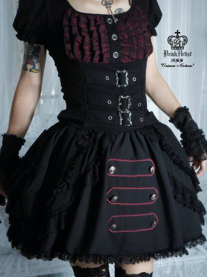 Black&Red Plaid Puff Sleeve Knit Top Military Style Mesh Cake Skirt Set【s0000018031】