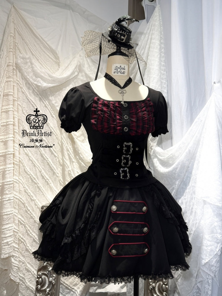 Black&Red Plaid Puff Sleeve Knit Top Military Style Mesh Cake Skirt Set【s0000018031】