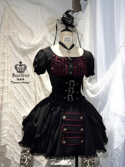 Black&Red Plaid Puff Sleeve Knit Top Military Style Mesh Cake Skirt Set【s0000018031】