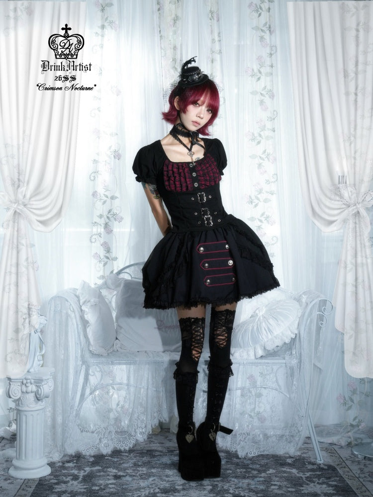 Black&Red Plaid Puff Sleeve Knit Top Military Style Mesh Cake Skirt Set【s0000018031】