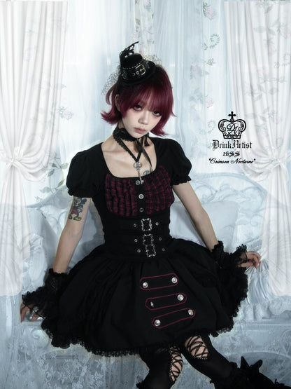 Black&Red Plaid Puff Sleeve Knit Top Military Style Mesh Cake Skirt Set【s0000018031】