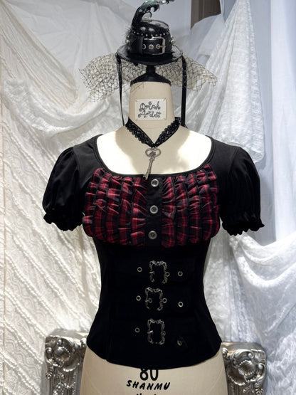 Black&Red Plaid Puff Sleeve Knit Top Military Style Mesh Cake Skirt Set【s0000018031】