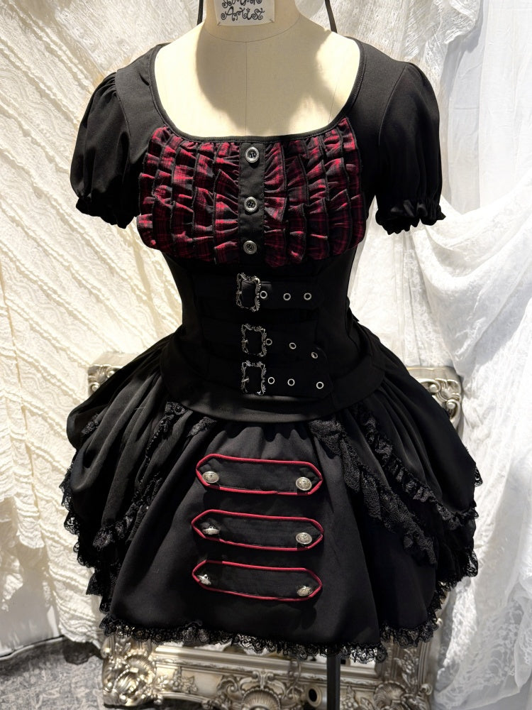 Black&Red Plaid Puff Sleeve Knit Top Military Style Mesh Cake Skirt Set【s0000018031】
