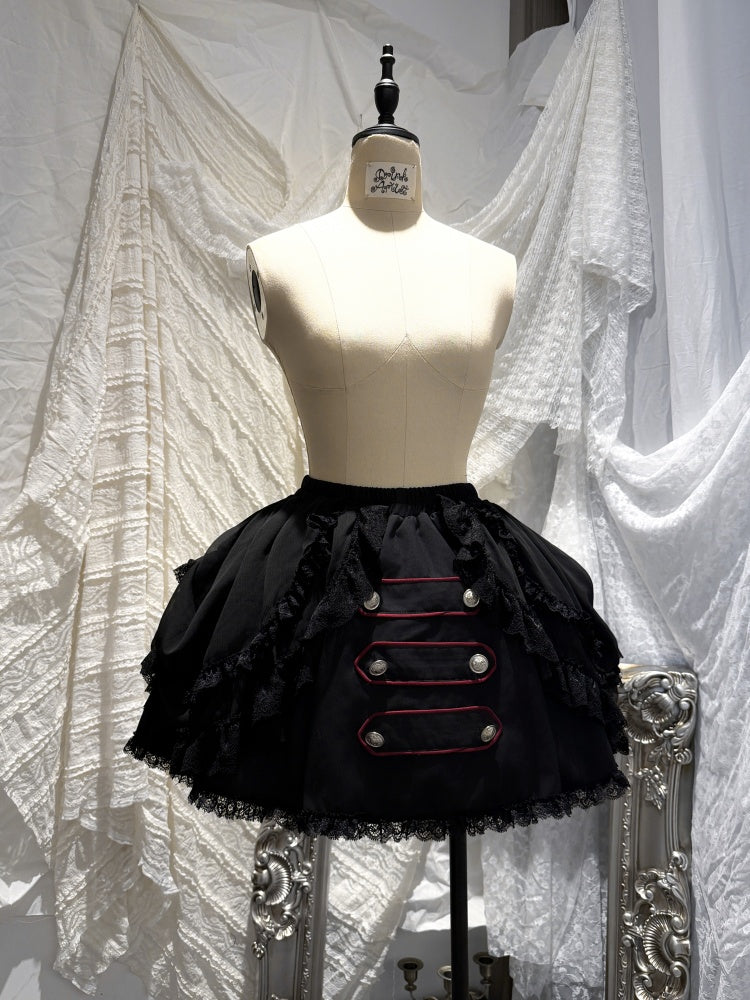 Black&Red Plaid Puff Sleeve Knit Top Military Style Mesh Cake Skirt Set【s0000018031】