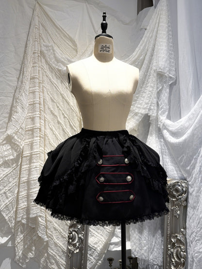 Black&Red Plaid Puff Sleeve Knit Top Military Style Mesh Cake Skirt Set【s0000018031】