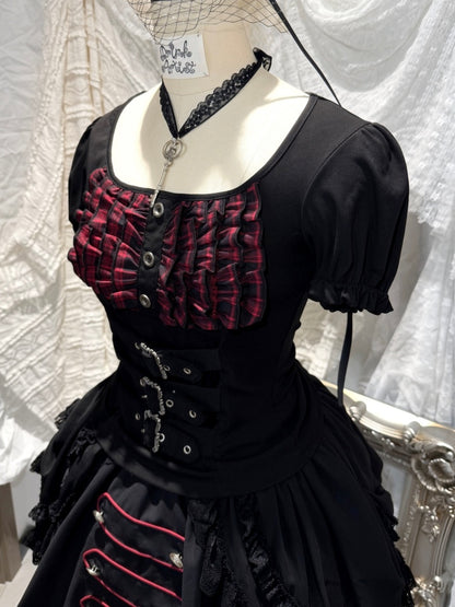 Black&Red Plaid Puff Sleeve Knit Top Military Style Mesh Cake Skirt Set【s0000018031】