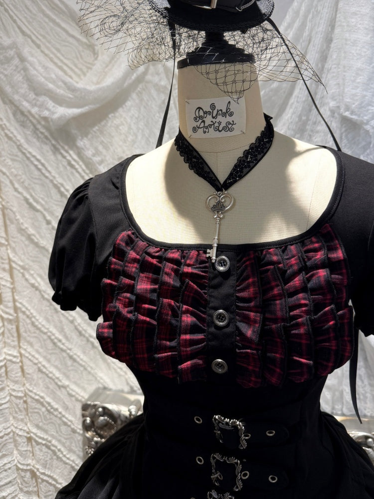Black&Red Plaid Puff Sleeve Knit Top Military Style Mesh Cake Skirt Set【s0000018031】