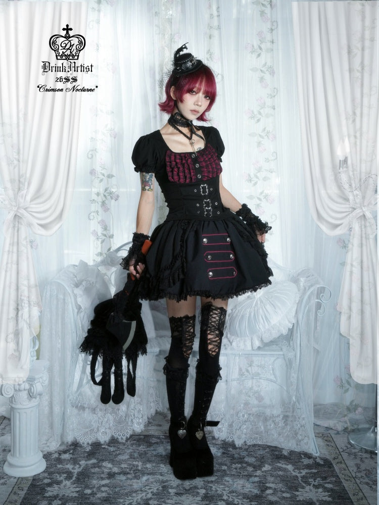Black&Red Plaid Puff Sleeve Knit Top Military Style Mesh Cake Skirt Set【s0000018031】