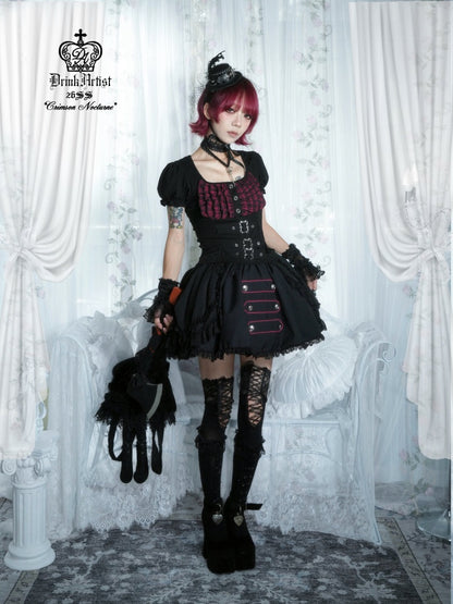 Black&Red Plaid Puff Sleeve Knit Top Military Style Mesh Cake Skirt Set【s0000018031】