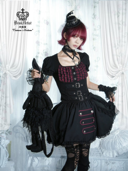 Black&Red Plaid Puff Sleeve Knit Top Military Style Mesh Cake Skirt Set【s0000018031】