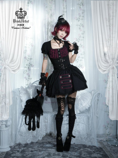 Black&Red Plaid Puff Sleeve Knit Top Military Style Mesh Cake Skirt Set【s0000018031】