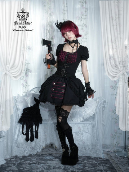 Black&Red Plaid Puff Sleeve Knit Top Military Style Mesh Cake Skirt Set【s0000018031】