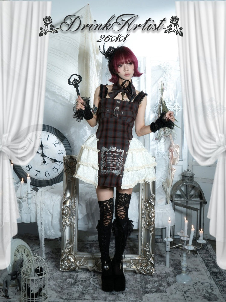 Gray Plaid Lace Tie Print Two-Piece Cake Dress【s0000018032】
