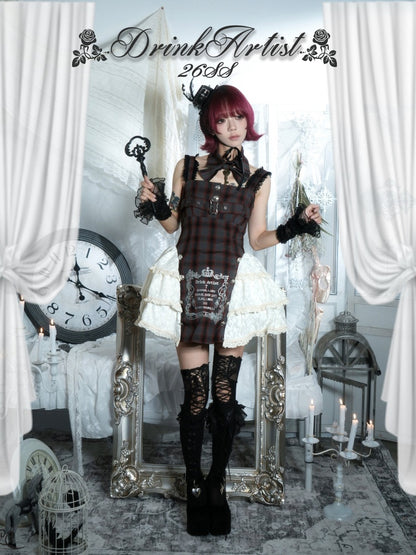 Gray Plaid Lace Tie Print Two-Piece Cake Dress【s0000018032】