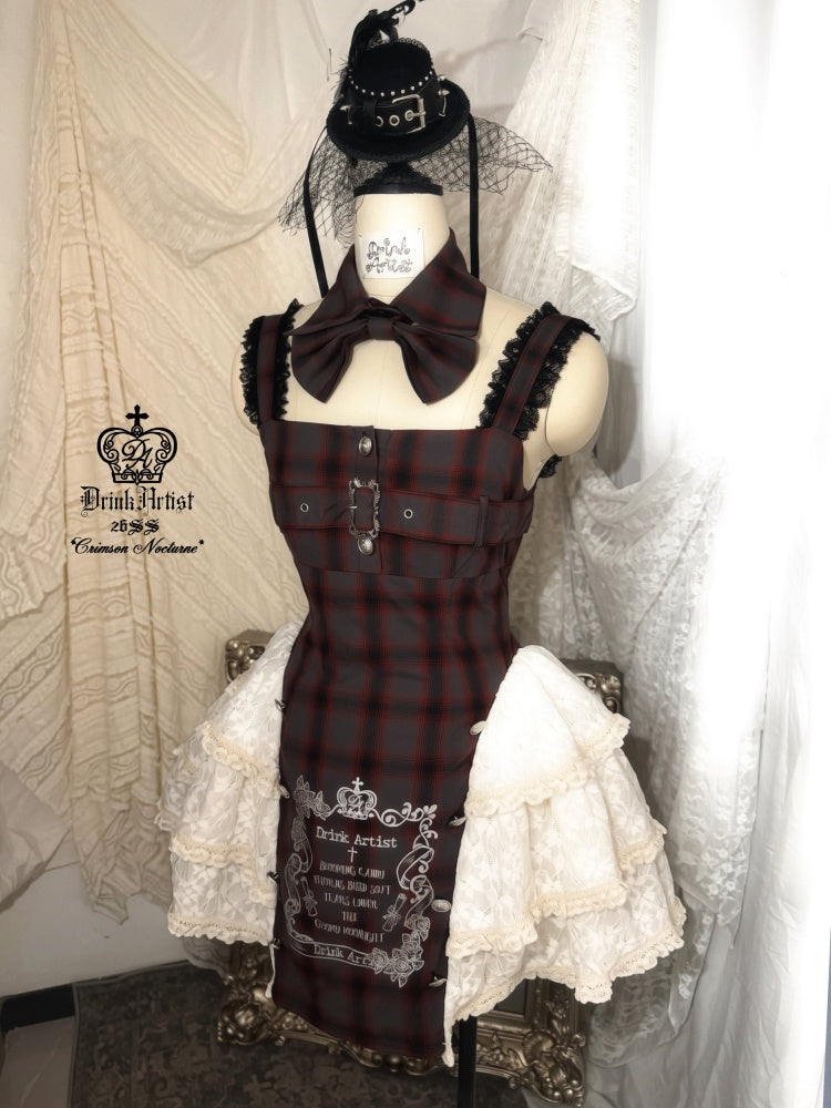 Gray Plaid Lace Tie Print Two-Piece Cake Dress【s0000018032】