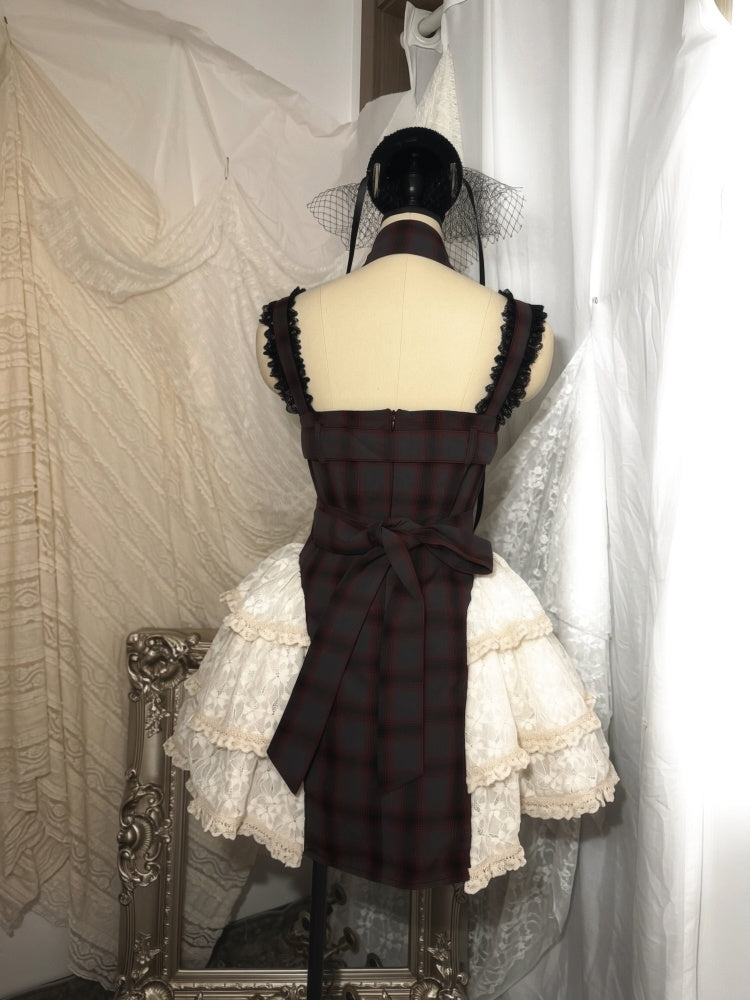 Gray Plaid Lace Tie Print Two-Piece Cake Dress【s0000018032】