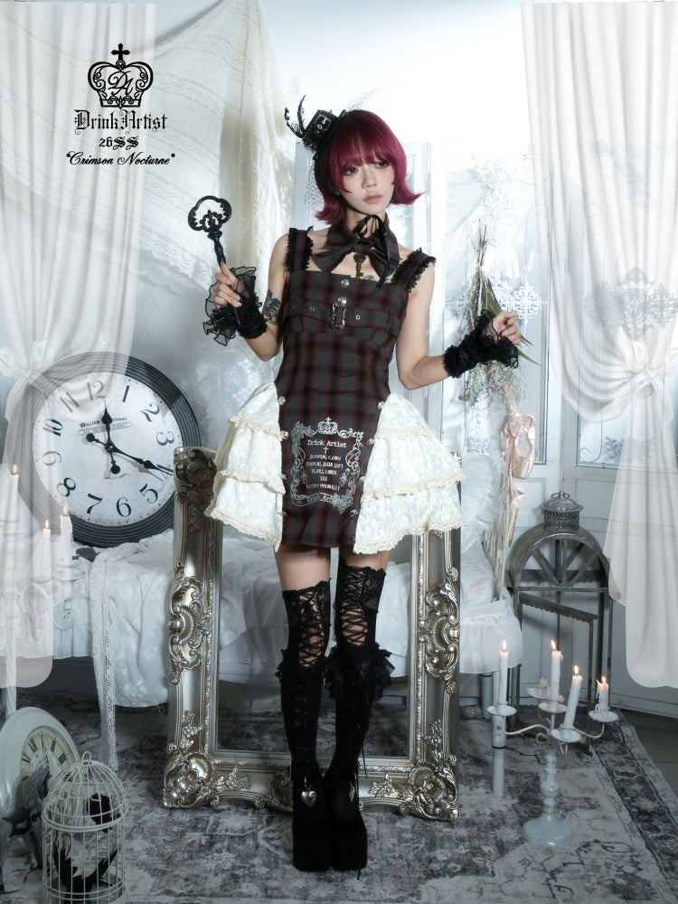 Gray Plaid Lace Tie Print Two-Piece Cake Dress【s0000018032】
