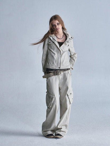 Contrast Stitching Split 3D Pocket Rivet Grommet Loose Straight-Leg Cargo Pants【s0000018033】