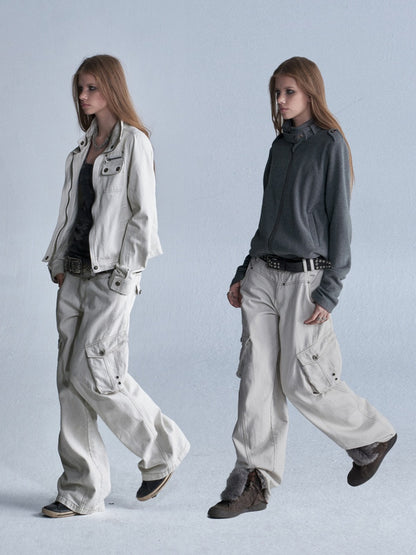 Contrast Stitching Split 3D Pocket Rivet Grommet Loose Straight-Leg Cargo Pants【s0000018033】
