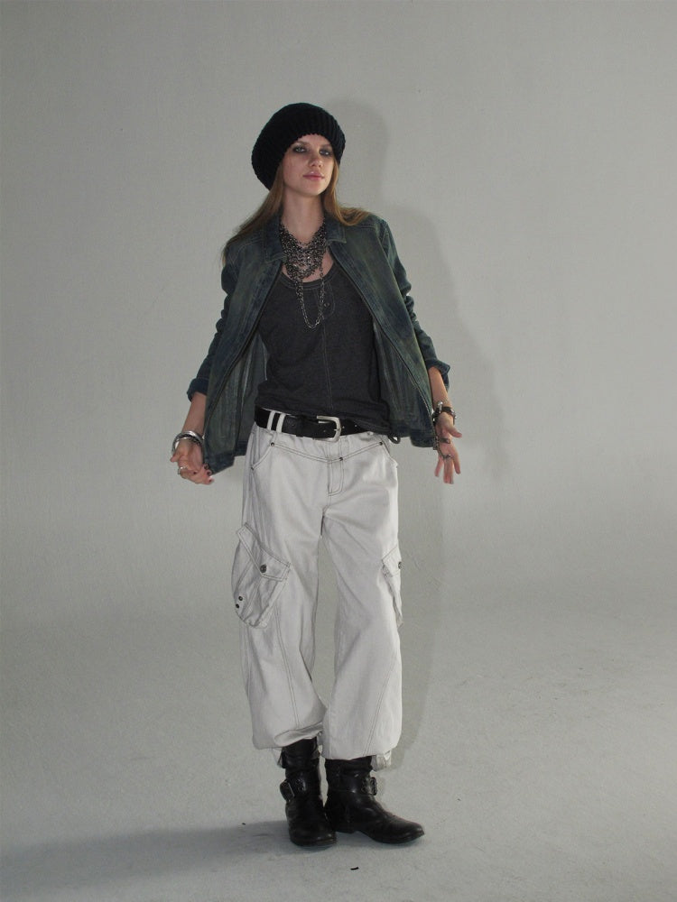 Contrast Stitching Split 3D Pocket Rivet Grommet Loose Straight-Leg Cargo Pants【s0000018033】
