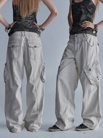 Contrast Stitching Split 3D Pocket Rivet Grommet Loose Straight-Leg Cargo Pants【s0000018033】
