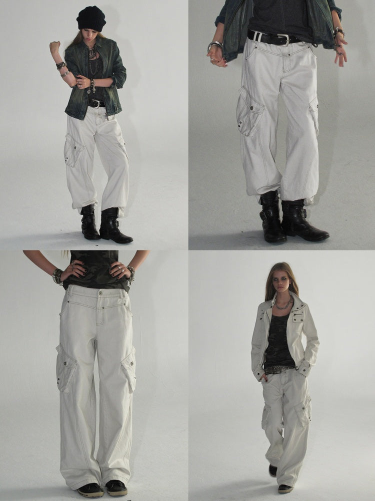Contrast Stitching Split 3D Pocket Rivet Grommet Loose Straight-Leg Cargo Pants【s0000018033】