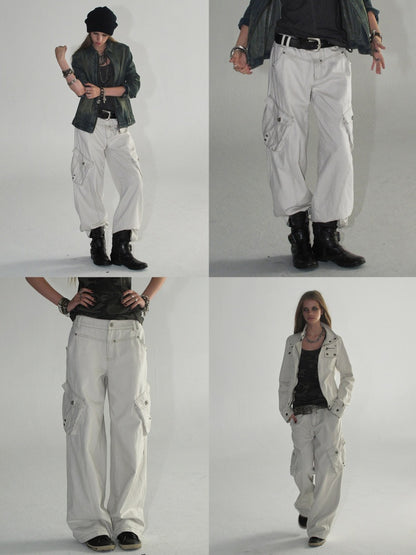 Contrast Stitching Split 3D Pocket Rivet Grommet Loose Straight-Leg Cargo Pants【s0000018033】