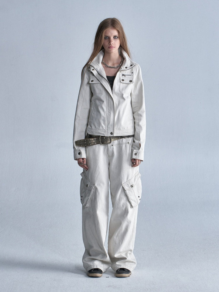 Contrast Stitching Split 3D Pocket Rivet Grommet Loose Straight-Leg Cargo Pants【s0000018033】