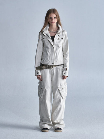 Contrast Stitching Split 3D Pocket Rivet Grommet Loose Straight-Leg Cargo Pants【s0000018033】