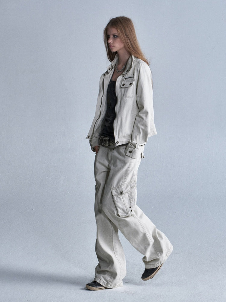 Contrast Stitching Split 3D Pocket Rivet Grommet Loose Straight-Leg Cargo Pants【s0000018033】