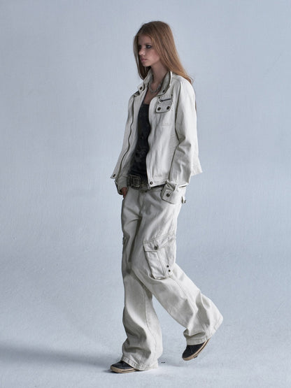 Contrast Stitching Split 3D Pocket Rivet Grommet Loose Straight-Leg Cargo Pants【s0000018033】
