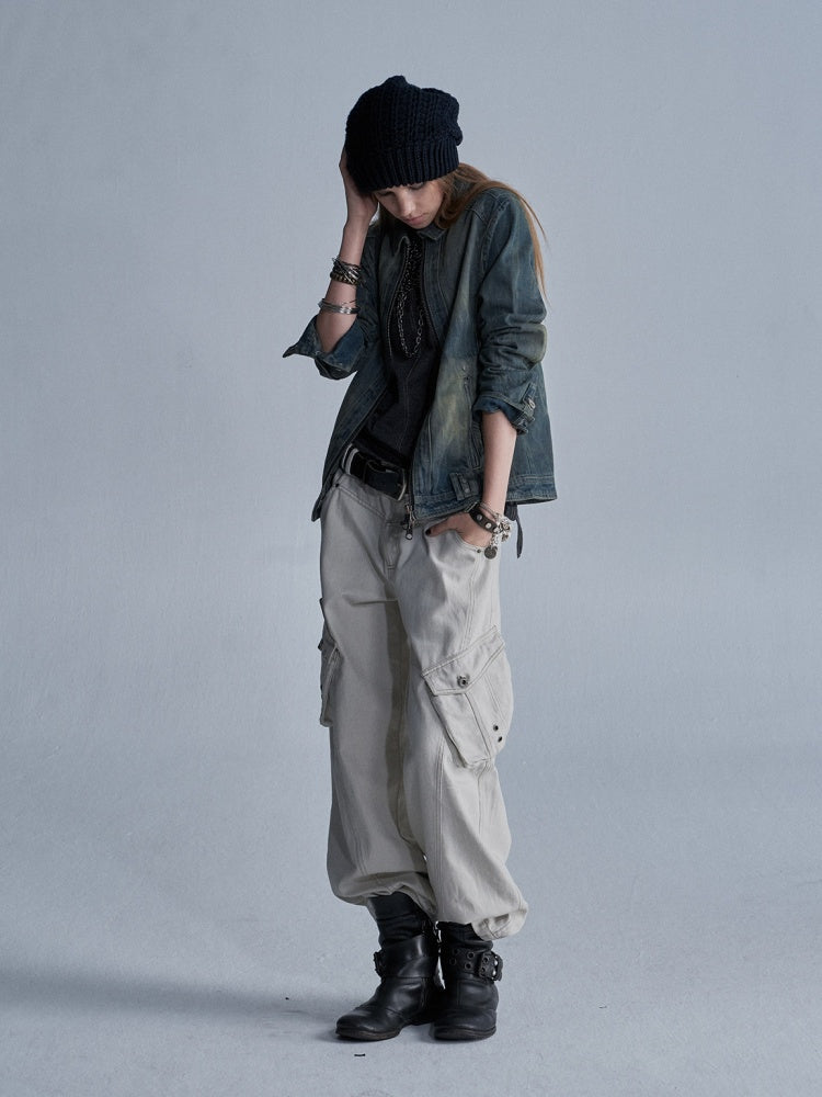 Contrast Stitching Split 3D Pocket Rivet Grommet Loose Straight-Leg Cargo Pants【s0000018033】